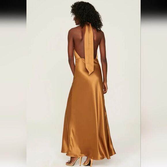 Something Navy Orange Halter Satin Gown Size XS - Picture 3 of 11